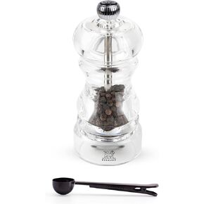 Peugeot - Nancy Acrylic Manual Pepper Mill - Transparent Adjustable Grinder Gift Set- With Stainless Steel Spice Scoop/Bag Clip, 4.75 Inch