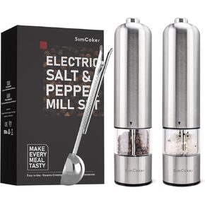 Electric Salt and Pepper Grinder Set, Shakers Mill Automatic Grinders Battery Operated with Spoon for Kitchen Gift Professional Refillable Adjustable Coarseness LED 2 Pack