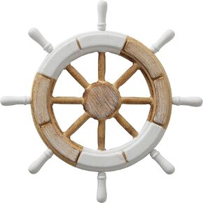 WHW Whole House Worlds Ship's Wheel, Nautical Decor, Circular Wood, Turned Handles, White Accents, 11.75 Inches Diameter, Sawtooth Hanger