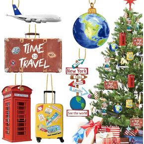 36 Pieces Travelers Ornaments Planet Christmas Ornaments Wood World Globe Ornaments Suitcase Luggage Cruise Ship Ornament Phonebooth World Signs Airplane Ornament for Christmas Tree Decoration in Kuwait