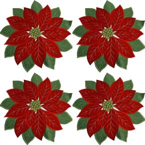 4 Pieces Holiday Christmas Placemats Set of 4 Applique Poinsettia Red with Green Embroidered Flower Doily for Home Xmas Party Table Top Decoration,Round14inch（36cm）