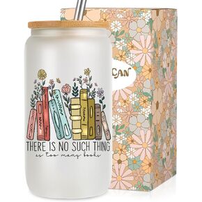 LEADO 16 oz Glass Cups with Lid and Straw - Book Gifts, Book Lovers Gifts - Bookish Gifts, Birthday, Christmas Gifts for Book Lovers, Readers, Bookworm - Book Themed Gifts, Book Accessories