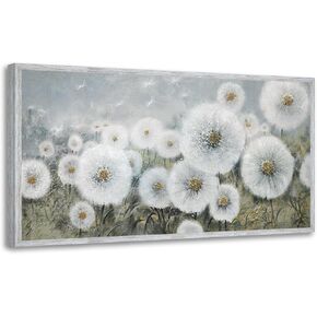 Ardemy Flowers Wall Art Canvas Dandelions White Gold Painting Landscape Floral Picture Hand Painted Textured Large for Living Room Bedroom Bathroom Home Office Decor, Large Wood Grain Framed 48"x24"
