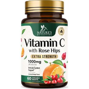 Chewable Vitamin C 1000 mg - Extra Strength Antioxidants for Powerful Immune Support with Vitamin C & Rose Hips - Potent Dietary Vitamin Supplement - Natural, Vegan, Gluten-Free, Non-GMO - 120 Tablets