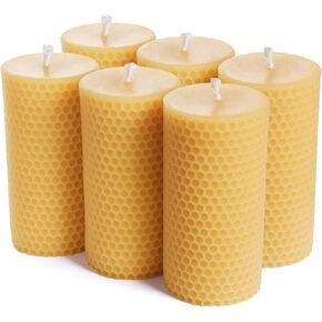 Pure Natural Beeswax Pillar Candles Bulk - Pack of 6 - Honeycomb Surface, No Scent- for Emergency/Prayer/Relax (2inch Diameter, 4 inch Tall - Yellow)