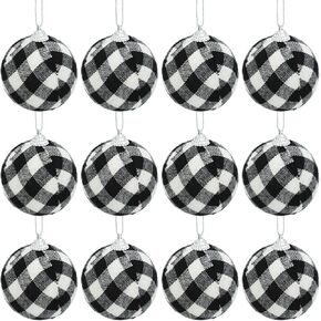 12pcs Christmas Ball Buffalo Plaid Fabric Christmas Balls 2.4"/60mm Hanging Ornaments Xmas Baubles Decorative Christmas Tree Hanging Ornaments for Party Holiday Decoration