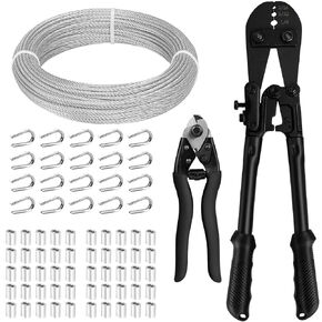TooTaci 1/8 Stainless Steel Cable, 100ft 1/8 Wire Rope with Wire Rope Crimping Tool and Wire Cutter, 7×7 Strands Aircraft Cable for Deck Railing, Clothesline, Shade Sails, String Light