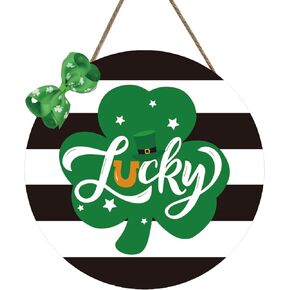 Jremreo 12x12 Inches St. Patrick's Day Wood Round Door Sign with Striped Design and Bow, Lucky Clover Green Shamrock Wall Hanging Decor for Spring Festivities, Irish-Themed Indoor Outdoor Decoration