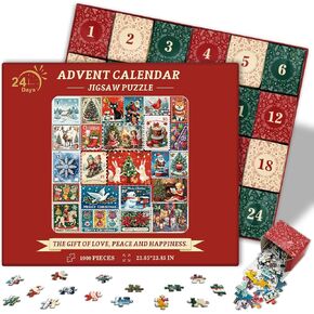 Advent Calendar 2024 Christmas Puzzles for Adults 1000 Pieces, Countdown Calendar Christmas Stamp Puzzle, 24 Days of Christmas Advent Calendar Vintage Holiday Jigsaw Puzzles