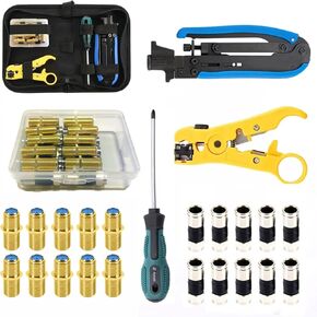 Coax Cable Crimper Tool Kit, Coaxial Compression Tool for rg6 rg59 rg11, Wire Stripper, 10pcs rg6 F Male Connectors, 10pcs rg6 Female to Female Connectors, Screwdriver