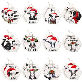 24 Pieces Funny Christmas Cow Ornament Wooden Cow Gifts Hanging Cow Print Ornaments for Christmas Tree Wood Cow Christmas Decorations with Ropes for Xmas Party Decorations, 12 Styles