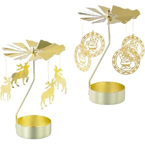 2Pcs Rotary Candle Holder Spinning Tea Light Candle Holder Christmas Style Metal Rotating Candlestick (2, Gold Christmas Snowflake & Snowman)
