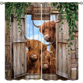 Highland Cow Curtains, Country Farm Animal Cow Window Treatments for Farmhouse Kitchen, Western Wildlife Bull Sunflower Print Rod Pocket 2 Panel Sets, 42x63 Inch
