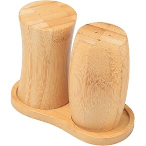 Salt and Pepper Shakers Set, Small Bamboo Salt Pepper Shakers with Holder for Kitchen Cooking, Camping, BBQ and Farmhouse, Unique Design, Rustic Style for Dining Table Decor, 1 oz, Set of 2
