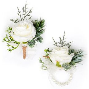 2 Pcs Ivory Rose Wrist Corsage Wristlet Band Bracelet and Men Boutonniere Set for Groom Brides White Wedding Artificial Flower Accessories Prom Decorations