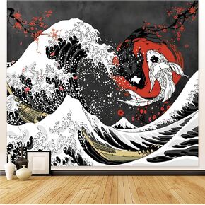 TVTLTVT Japanese Anime Tapestry,Black and White Yin Yang Koi Fish Tapestry for Bedroom,Asian Kanagawa Great Wave Cherry Banner,Wave Blossom Wall Decor,59 x 51 Inch