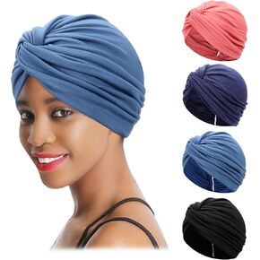 4 Pieces Turbans for Women, Soft Pre Tied Knot Turban Head Wraps Chemo Headwear Pleated Beanie Cap Sleep Hat
