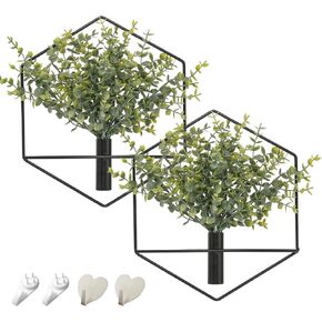 Pretty Jolly Boho Wall Decor, Hexagon Wall-Mounted Metal Wall Decor, Hanging Artificial Pampas Display, Wall Art Living Room, Bedroom, Bathroom, Dining room, Plant Wall Decor 2 Pack Black