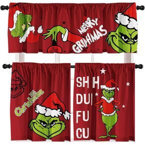 Christmas Holiday Kitchen Curtain Small Window Swag and Tiers with Rod Pocket Xmas Farmhouse Bathroom and Laundry Short Curtains Decoration 3 Panel Red Set