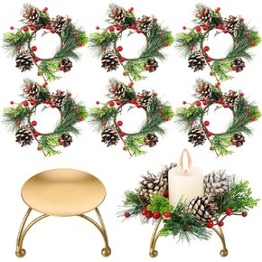12 Pieces Christmas Wreath Candle Holder Include 6 Pcs Votive Candle Berry Ring with Pinecones and 6 Pcs Metal Candle Holders for Christmas Party Decoration