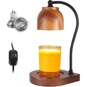 Candle Warmer Lamp, Dimmable Candle Melter, Melter Electric Scented Candle Electric Melter Light, No Flame Scented Candle Warmer,Wooden Base,2 Bulbs Included(Black Metal Shade)