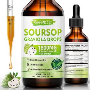 Soursop Graviola Liquid Drops 1800mg for Cell Support & Regeneration, Immune Boost, Relax, Liver and Zzz, Soursop Bitters Liquid, Herbal Goodness, Vegan, Sugar Free, Apple Flavor, 4 Fl Oz