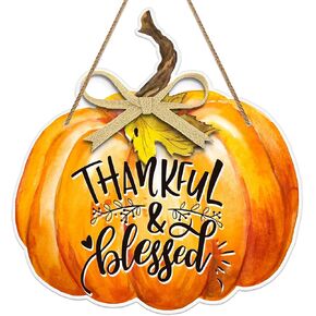 FaCraft Thanksgiving Door Decorations,Thankful & Blessed Sign,8"x12"Fall Hanging Pumpkin Door Hanger Decor Sign for Thanksgiving Day Autumn Festival Home Office Decorations