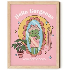 TwoDays Pink Girly Dorm Room Decor, Retro Hello Gorgeous Quote Posters for Girls Vanity, Y2k Frog Wall Art, Positivity Prints for Bedroom, Bathroom.(12" X 16", UNFRAMED)