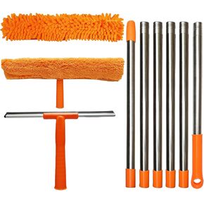 3 Pack 100 Inch Window Cleaner Squeegee Kit, Rotatable Squeegee and Scrubber with Stainless Steel Pole, Window Cleaning Tool with 2 Replaceable Pads for Shower Glass Door, Car Windshield