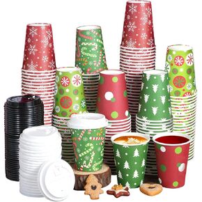 100 Pieces 12 oz Christmas Paper Cups with Lids, Disposable Coffee Cups for Cold Beverage Hot Drinking,Tree Snowflake Polka Dot Candy Pattern To Go Cup for Christmas Decorations