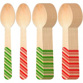 Hoolerry 100 pcs Disposable Christmas Wooden Spoons 5.5'' Red and Green Striped Pattern Spoons Hot Cocoa Chocolate Candy Cane Spoons Winter Tasting Bar Spoons for Cake Coffee Ice Cream