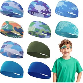 10 Pieces Boys Headbands Athletic Sweatbands Headbands 16 inch Elastic Sports Wicking Headbands Breathable Soft Sweatband Head Wrap for Basketball Football Cycling Running Yoga