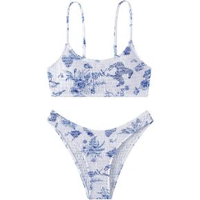 GORGLITTER Women's 2 Piece Floral Print Swimsuits Shirred High Cut Thong Bikini Set Crop Cami Bathing Suit