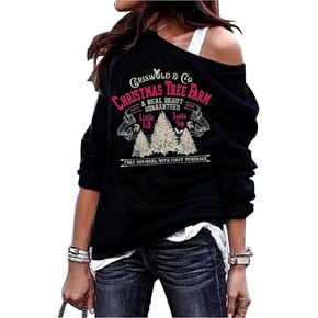 CHUNTIANRAN Women's Casual Off Shoulder Sweatshirt Tops Funny Plaid Christmas Tree Raglan Shirts Slash Neck Loose Blouse in Kuwait