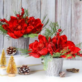 2 Pcs 12'' Red Christmas Table Centerpiece Glitter Artificial Magnolia Flowers with Vase Magnolia with Stems Bouquet Faux Berries for Table Centerpiece Xmas Home Countertop Decor