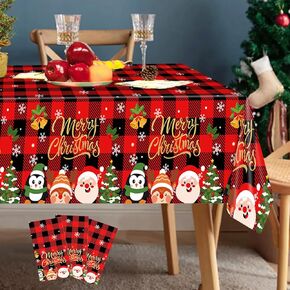 3 Pack Plastic Christmas Tablecloths, Disposable Christmas Table Cloth Rectangle 54x108 inch, Red Black Plaid Tablecloth Christmas Tree Snowflake Bell Deer Decorations Table Cover for Party Holiday