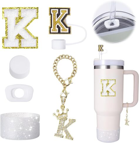 Mity rain 6pcs Cup Accessories Set for Stanley Cup 30 oz 40 oz Tumbler with Handle, Including Straw Cover Cap, Cup Initials Charm, Sticker, Silicone Boot, Round and Square Spill Proof Stopper,Letter K in Saudi Arabia