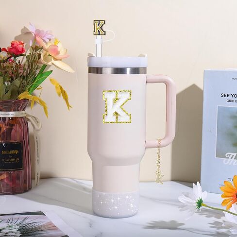Mity rain 6pcs Cup Accessories Set for Stanley Cup 30 oz 40 oz Tumbler with Handle, Including Straw Cover Cap, Cup Initials Charm, Sticker, Silicone Boot, Round and Square Spill Proof Stopper,Letter K in Saudi Arabia