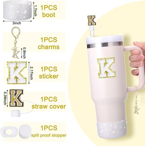 Mity rain 6pcs Cup Accessories Set for Stanley Cup 30 oz 40 oz Tumbler with Handle, Including Straw Cover Cap, Cup Initials Charm, Sticker, Silicone Boot, Round and Square Spill Proof Stopper,Letter K in Saudi Arabia