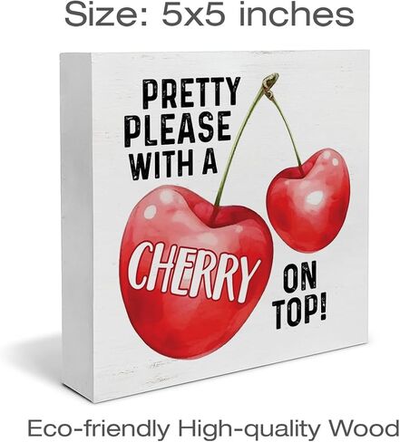 Farmhouse Country Cherry Wood Box Sign Art Desk Decor 5"x5" Life Is Just a Bowl of Cherries Wood Block Sign Decor for Home Kitchen Tabletop Shelf Wall in Saudi Arabia