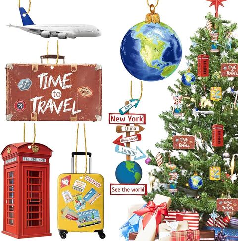 36 Pieces Travelers Ornaments Planet Christmas Ornaments Wood World Globe Ornaments Suitcase Luggage Cruise Ship Ornament Phonebooth World Signs Airplane Ornament for Christmas Tree Decoration in Kuwait