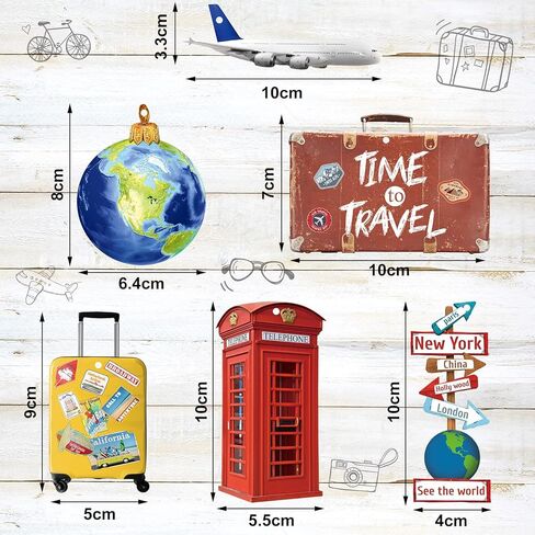 36 Pieces Travelers Ornaments Planet Christmas Ornaments Wood World Globe Ornaments Suitcase Luggage Cruise Ship Ornament Phonebooth World Signs Airplane Ornament for Christmas Tree Decoration in Kuwait
