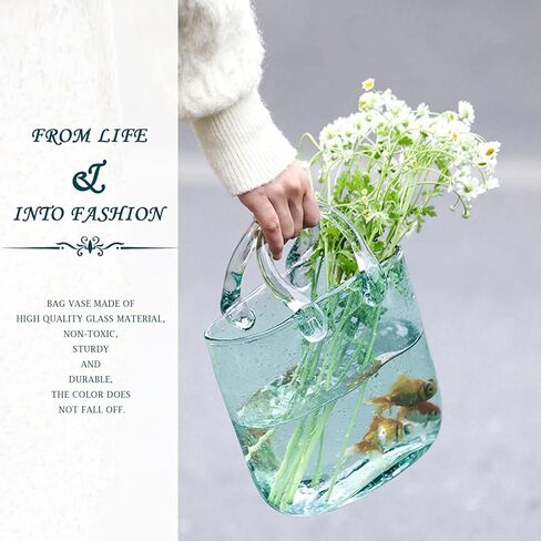 Glass Vase for Flowers Unique Flower Vase with Bubble Fish Bowl Vase Handmade Handbag Clear Glass Vase for Fish Bowl Home Wedding Decor (Blue) in Saudi Arabia