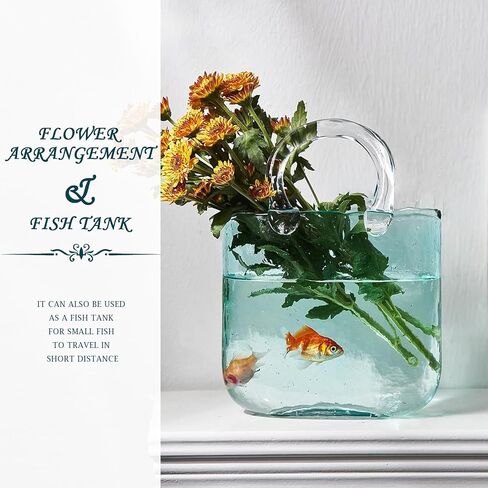 Glass Vase for Flowers Unique Flower Vase with Bubble Fish Bowl Vase Handmade Handbag Clear Glass Vase for Fish Bowl Home Wedding Decor (Blue) in Saudi Arabia