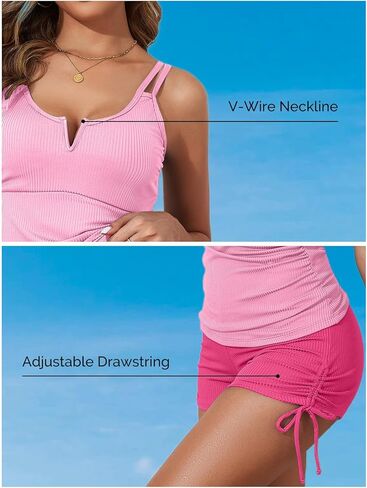 Aleumdr Women's Two Piece Tankini Swimsuit Tummy Control Bathing Suit V Neck Swim Tank Top with Boyshorts in Kuwait