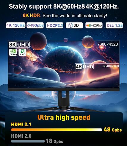 كابل HDMI 10K 8K 2.1 10FT، معتمد فائق السرعة 48 جيجابت في الثانية HDMI® يدعم 8K@60 هرتز 4K@120 هرتز، eARC HDCP 2.2&2.3 HDR10 4:4:4 DTS:X متوافق مع أجهزة الكمبيوتر المحمول/الشاشة/PS5/Xbox/Blu -راي / تلفزيون in Kuwait