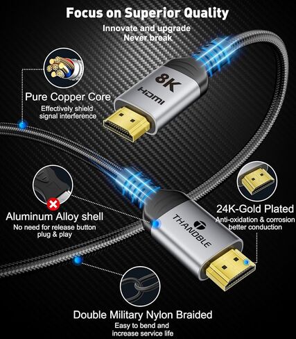 كابل HDMI 10K 8K 2.1 10FT، معتمد فائق السرعة 48 جيجابت في الثانية HDMI® يدعم 8K@60 هرتز 4K@120 هرتز، eARC HDCP 2.2&2.3 HDR10 4:4:4 DTS:X متوافق مع أجهزة الكمبيوتر المحمول/الشاشة/PS5/Xbox/Blu -راي / تلفزيون in Kuwait