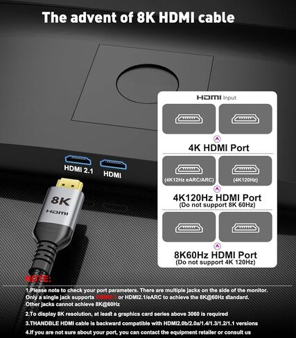 كابل HDMI 10K 8K 2.1 10FT، معتمد فائق السرعة 48 جيجابت في الثانية HDMI® يدعم 8K@60 هرتز 4K@120 هرتز، eARC HDCP 2.2&2.3 HDR10 4:4:4 DTS:X متوافق مع أجهزة الكمبيوتر المحمول/الشاشة/PS5/Xbox/Blu -راي / تلفزيون in Kuwait