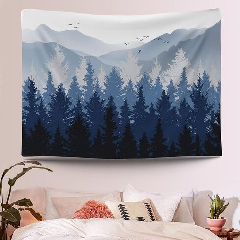 Mocsicka Blue Forest Tapestry Mountains Silhouette Nature Pine Woodland Tapestries Wall Hanging For Room 59x51 Inch in Saudi Arabia