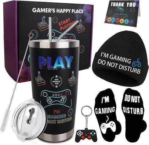 Gamer Gifts, 8PCS Cool Gaming Gift Bulk Set Includes Tumbler Straw Beanie Socks Key Chain Thanks Card Gift Box, Christmas Gifts for Teen Teenage Boys Men Idea in Saudi Arabia